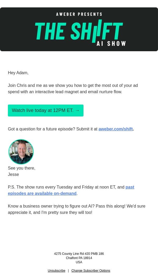 The Shift AI Show starts now! email from AWeber screenshot