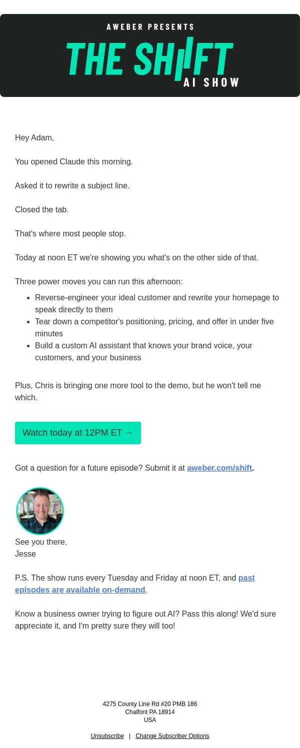 Noon ET on The Shift: Most of us are using Claude wrong email from AWeber screenshot