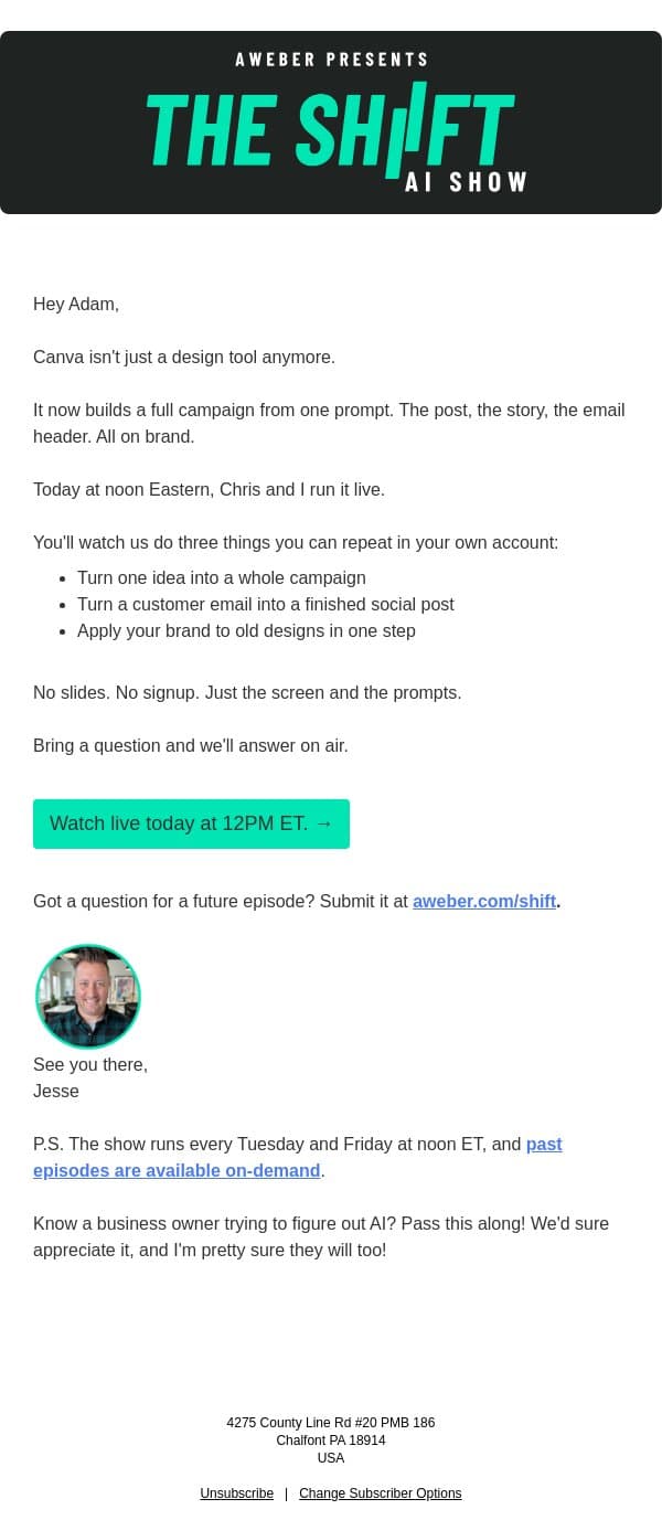 We're testing Canva AI 2.0 live at noon on The Shift AI Show email from AWeber screenshot