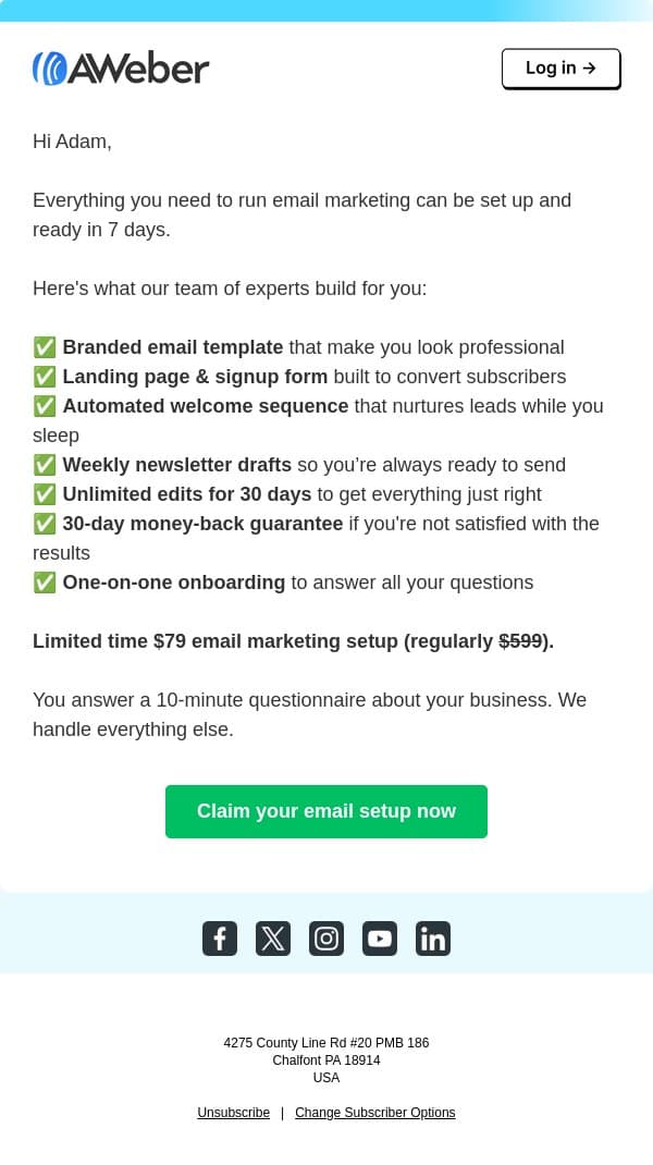 Your Complete Email Setup Ready Next Week 🎉 email from AWeber screenshot