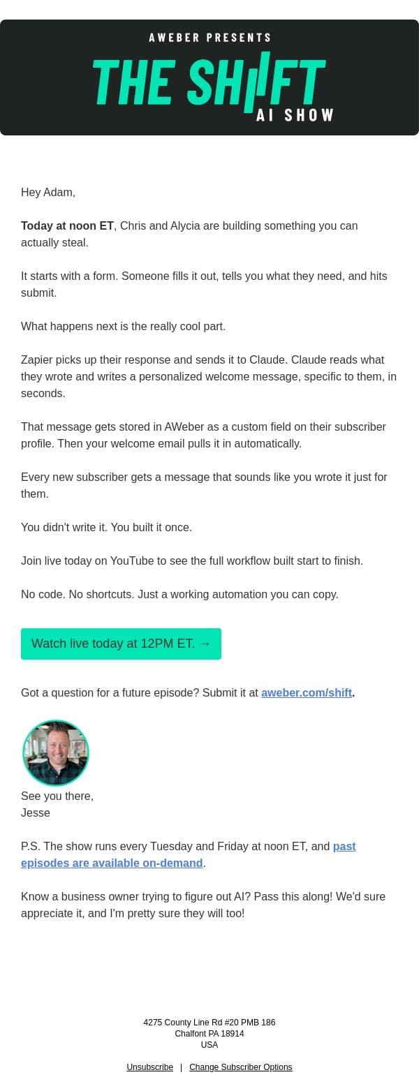 We're building a self-writing welcome email live today email from AWeber screenshot