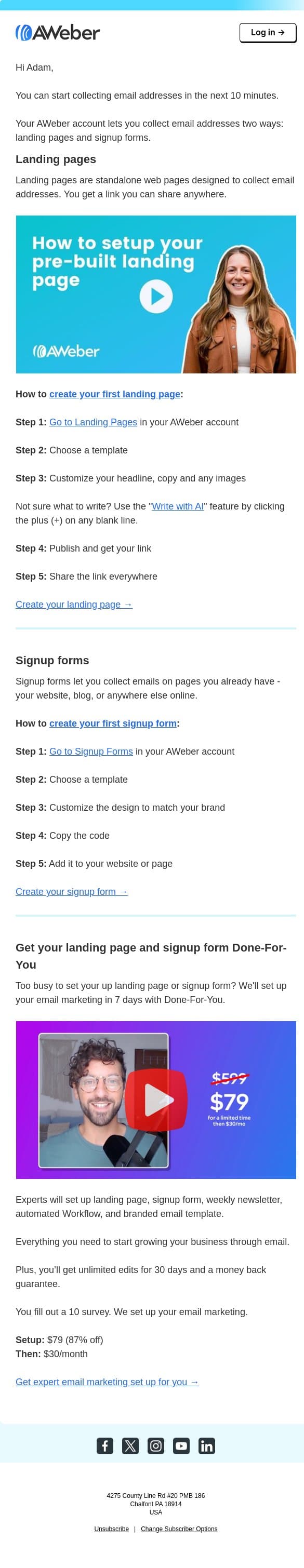 Start collecting email addresses today email from AWeber screenshot