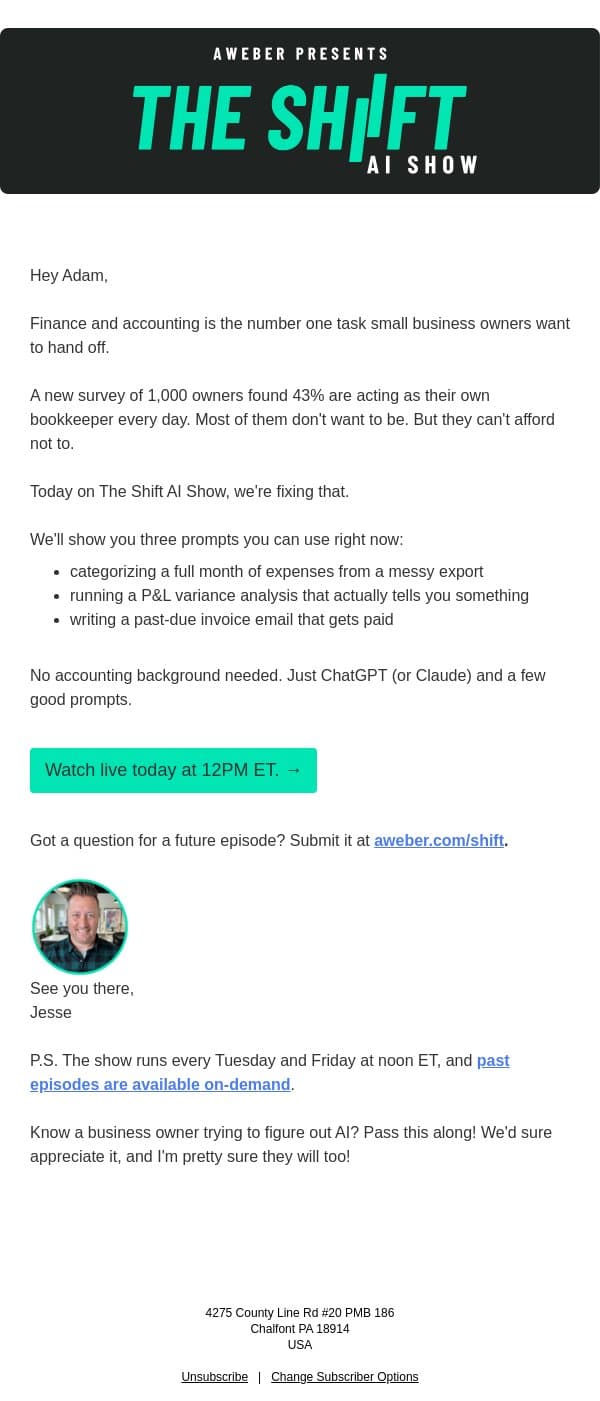 Your books aren't going to do themselves (but 🤖 AI might) email from AWeber screenshot