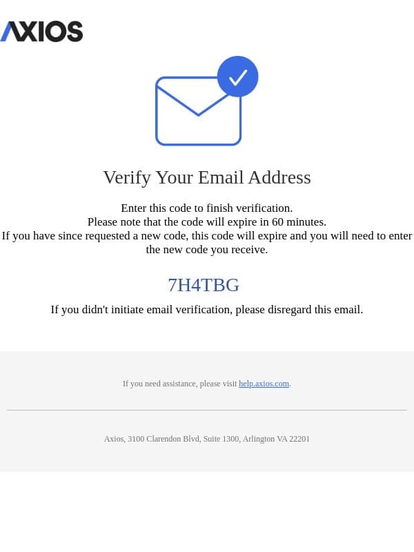 Axios Verification Code: 7H4TBG email from Axios screenshot