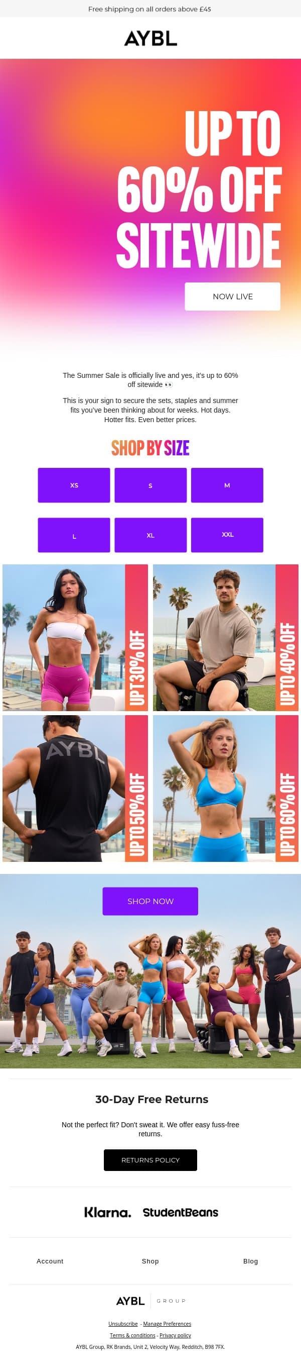SUMMER SALE IS LIVE email from AYBL screenshot