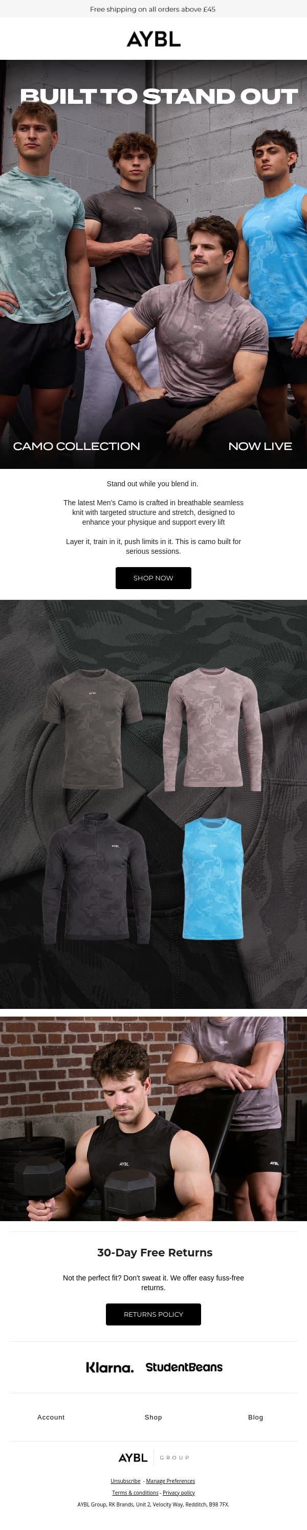 The Camo Upgrade email from AYBL screenshot