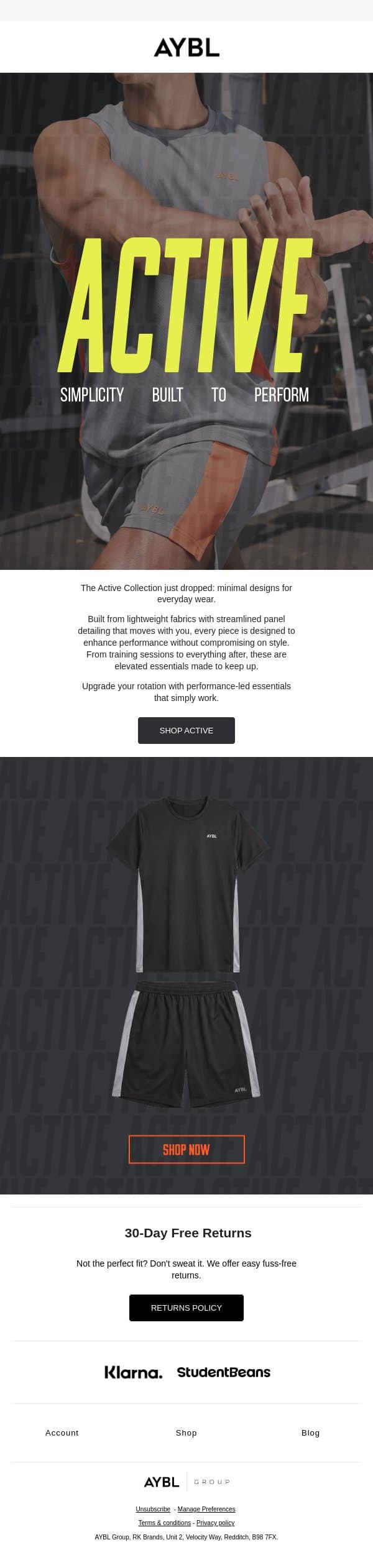 The ultimate Active collection email from AYBL screenshot