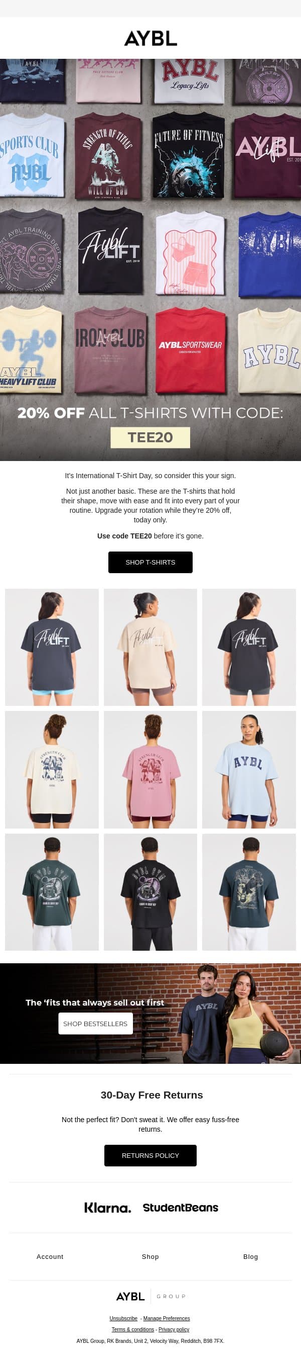 International T-Shirt Day = 20% off email from AYBL screenshot
