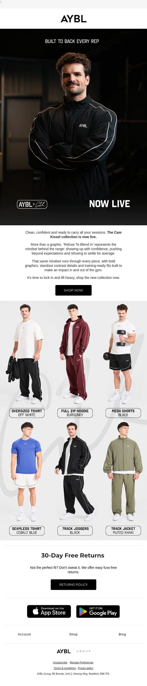 Lock in. The Cam Kissel collection is live. email from AYBL screenshot