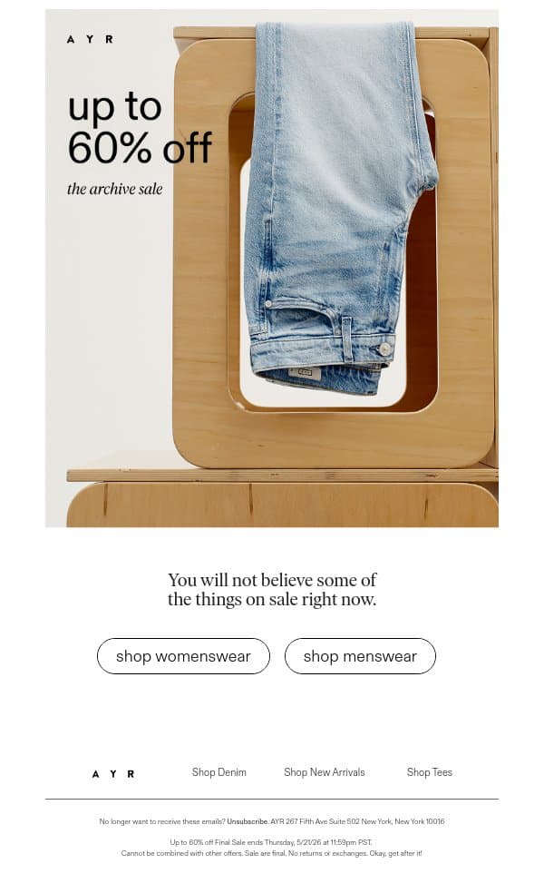 honestly, this sale is nuts email from AYR screenshot
