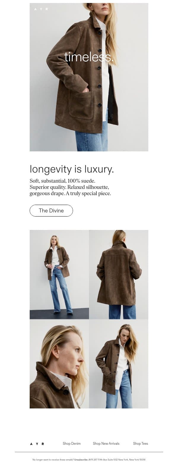 a stunning new suede jacket email from AYR screenshot