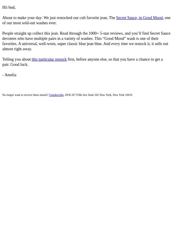people straight-up collect this jean email from AYR screenshot