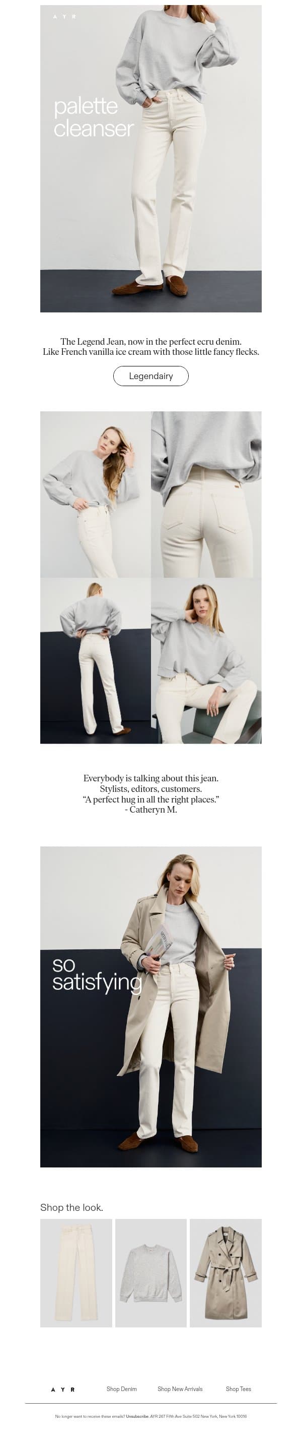 the perfect white jean is here email from AYR screenshot