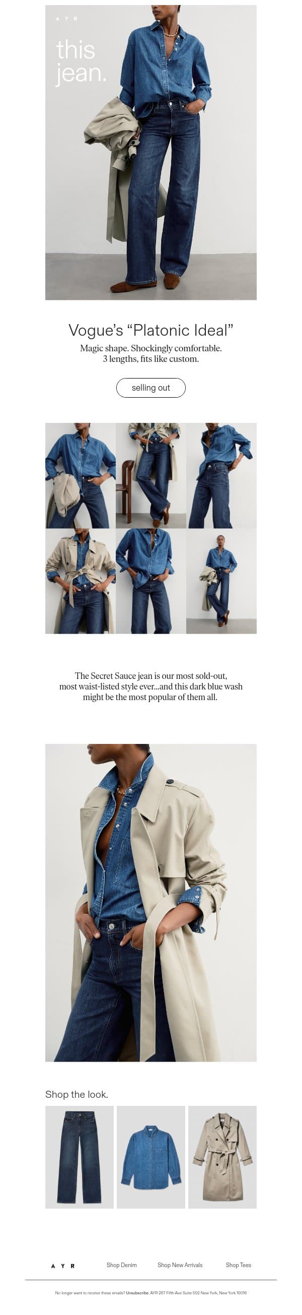 the viral jean is almost gone email from AYR screenshot