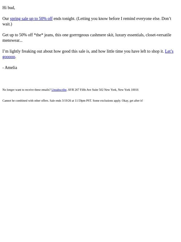 re: this insane sale email from AYR screenshot