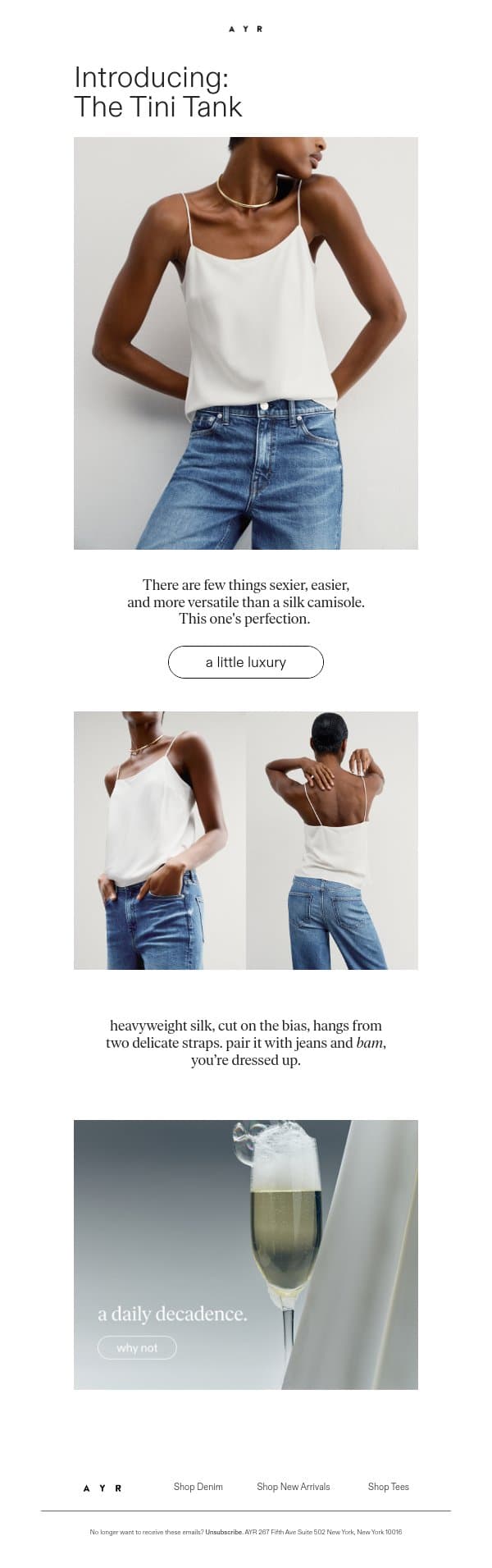 the perfect silk cami email from AYR screenshot