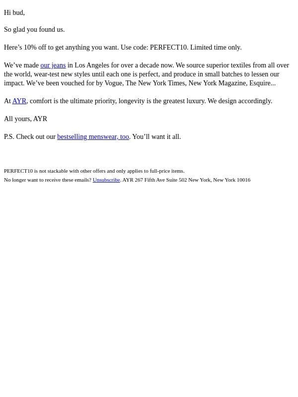 10% off 🌴 welcome to the neighborhood! email from AYR screenshot
