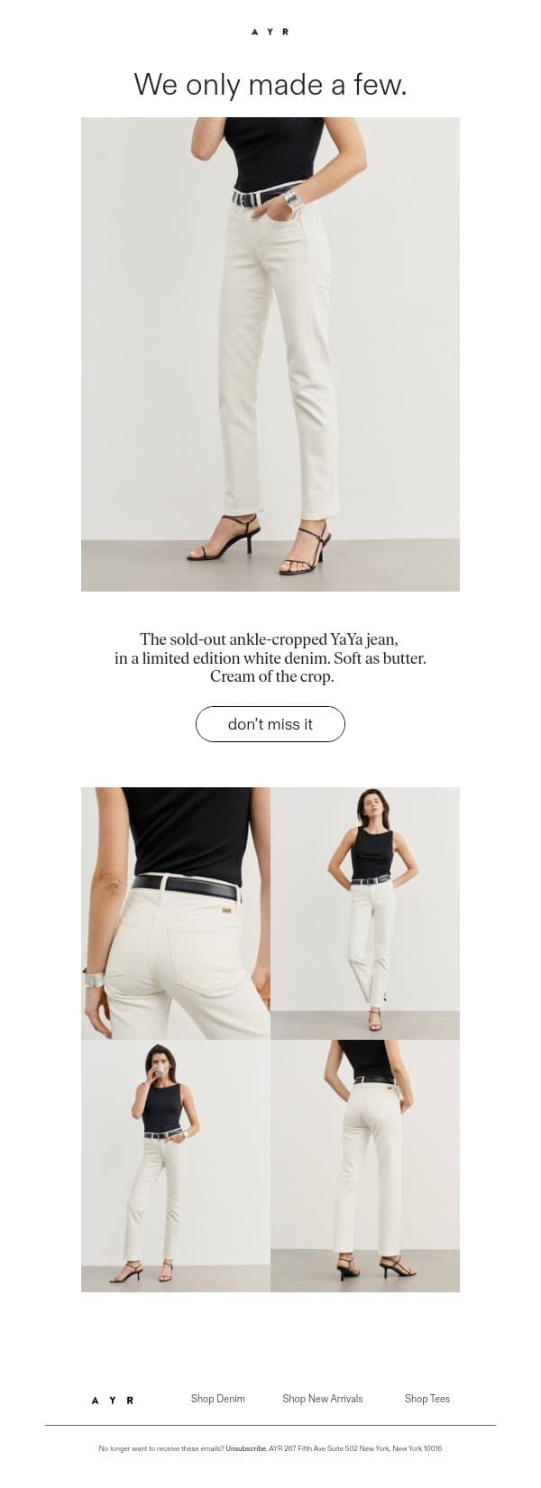 this is your dream white jean email from AYR screenshot