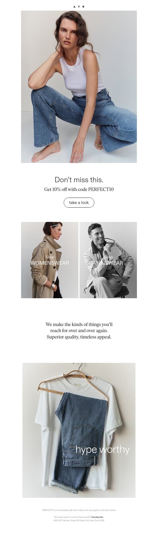 10% off new American classics email from AYR screenshot