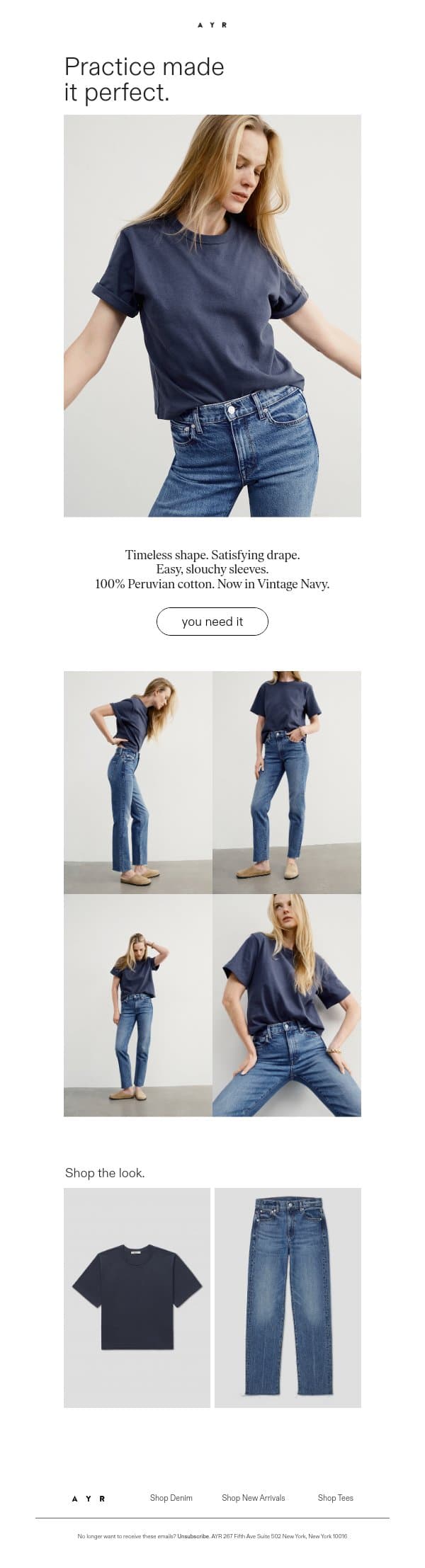 the perfect tee, now in navy email from AYR screenshot