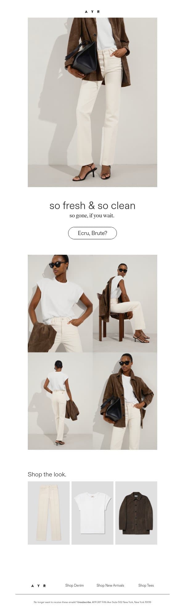 the jean of the season is selling out email from AYR screenshot