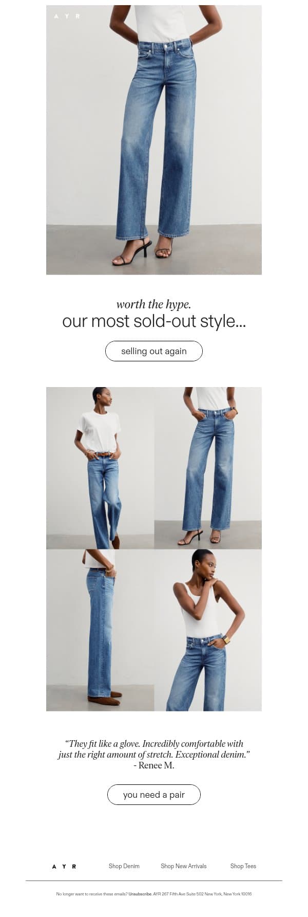 “INTERNET FAMOUS JEANS” - Harper’s Bazaar email from AYR screenshot