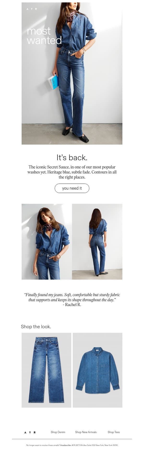our most sold-out jean ever email from AYR screenshot