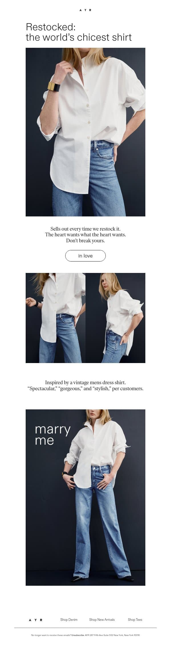 HEATHCLIFF’S DRESS SHIRT email from AYR screenshot
