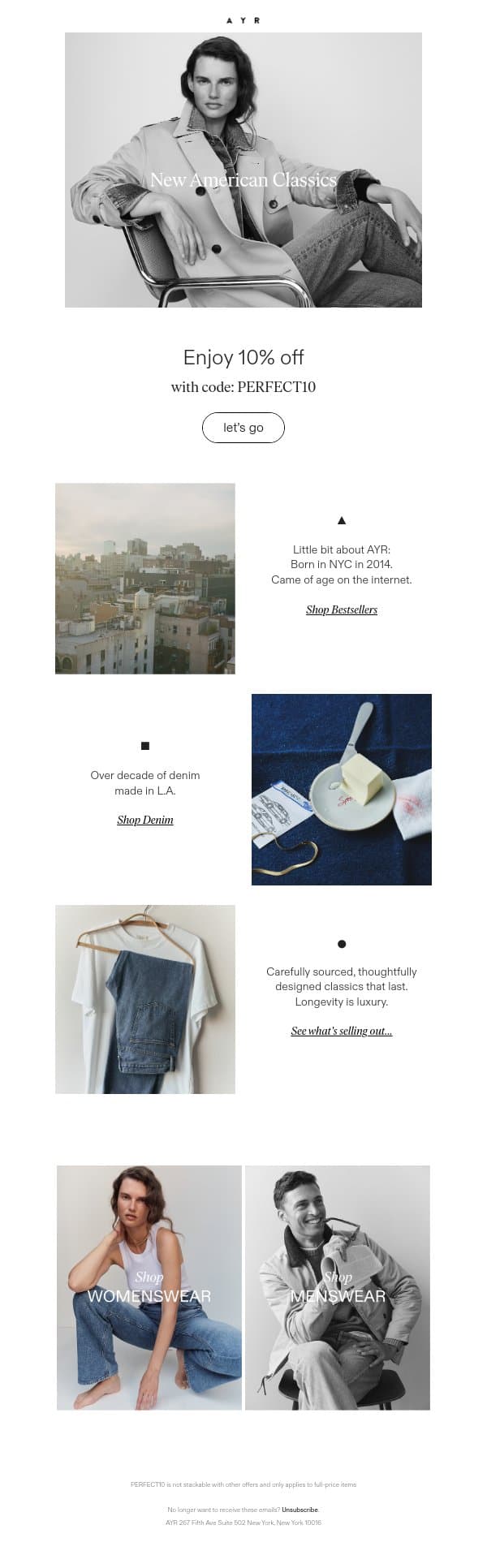 10% off anything you want email from AYR screenshot