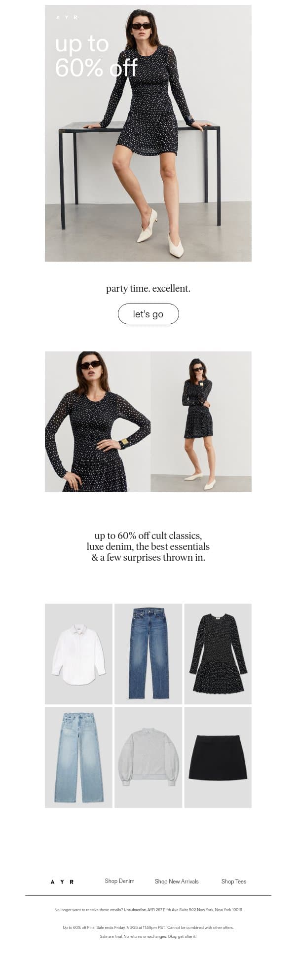 60% off starts now ✨ email from AYR screenshot