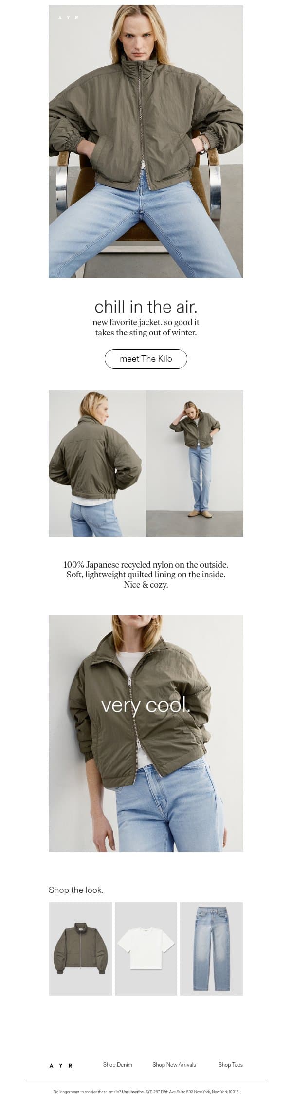 the coolest jacket email from AYR screenshot