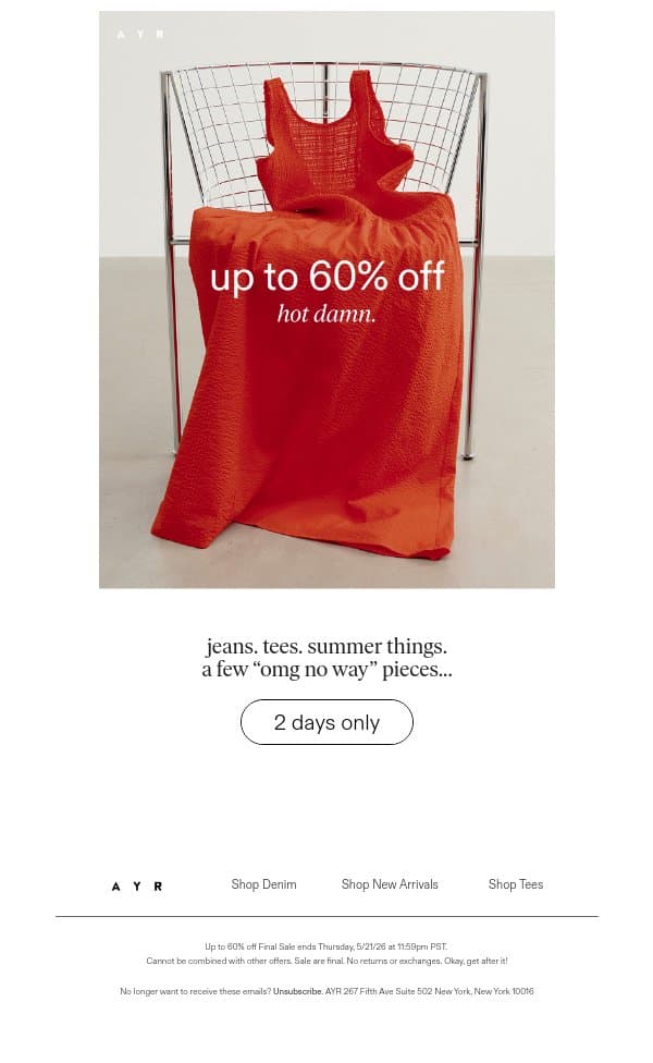 60% off starts NOW email from AYR screenshot