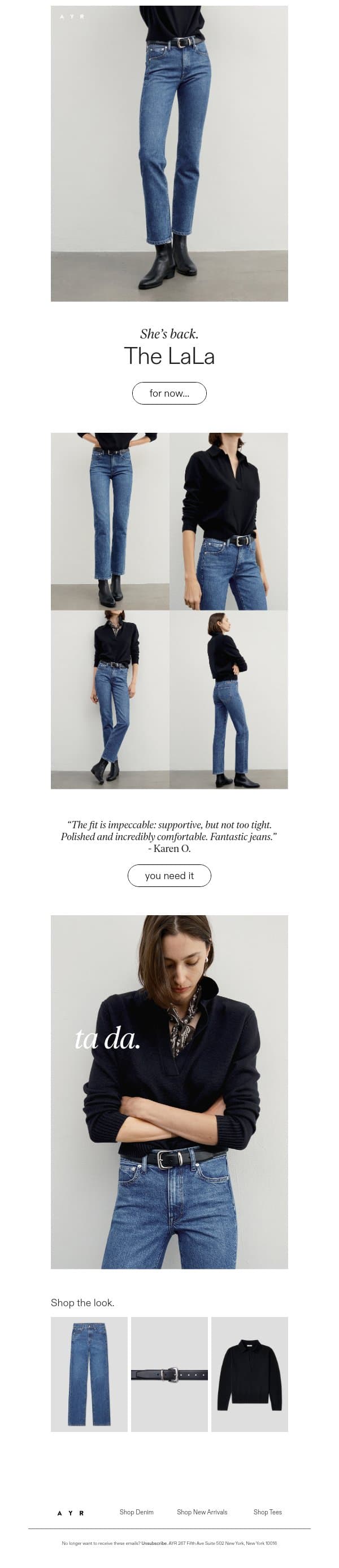 restock | the sold-out slim limb jean email from AYR screenshot