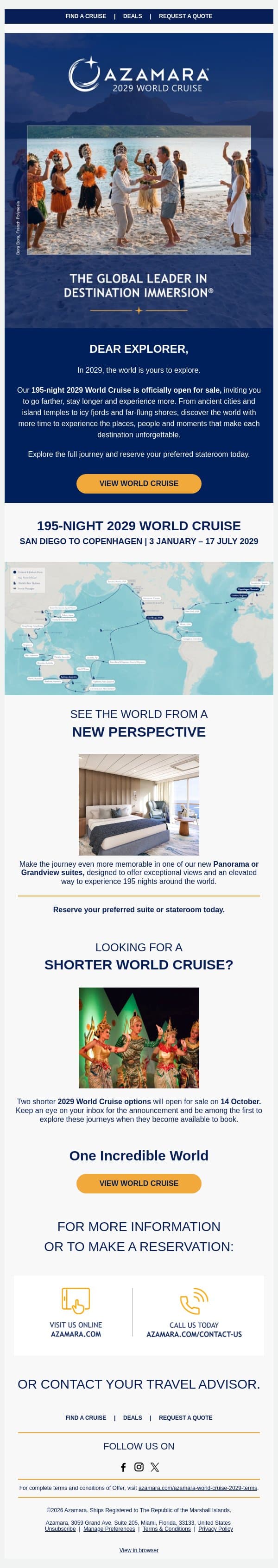 NOW OPEN: 2029 World Cruise email from Azamara screenshot