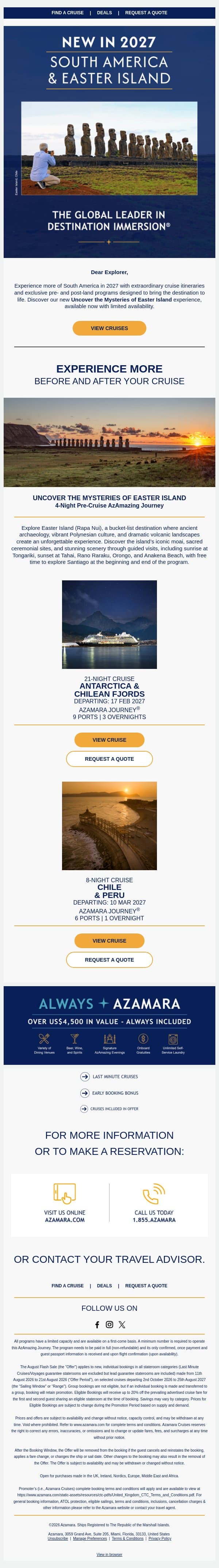 New in 2027: South America & Easter Island email from Azamara screenshot
