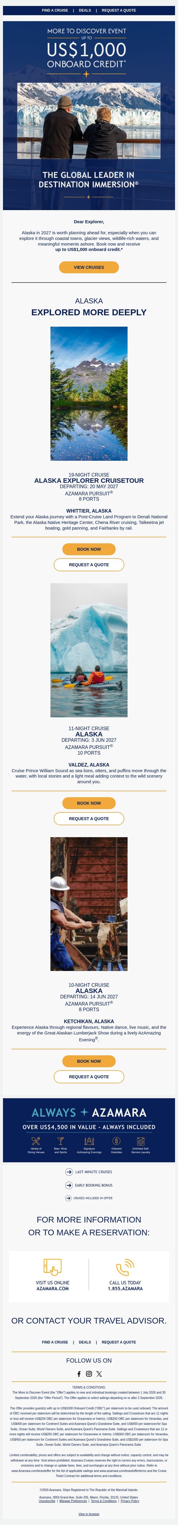Plan Ahead for Alaska 2027 email from Azamara screenshot