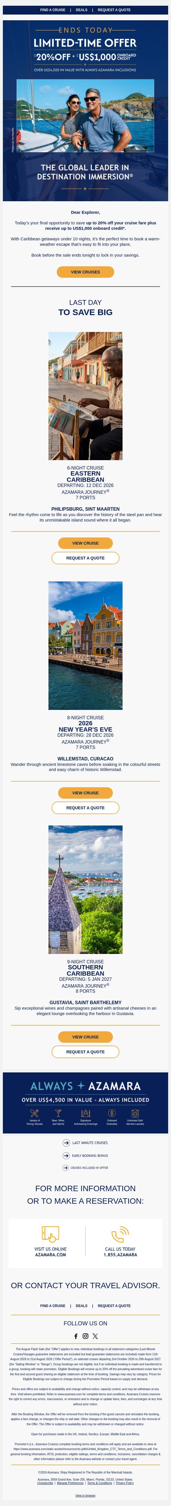 Last Chance: Save Up to 20% email from Azamara screenshot