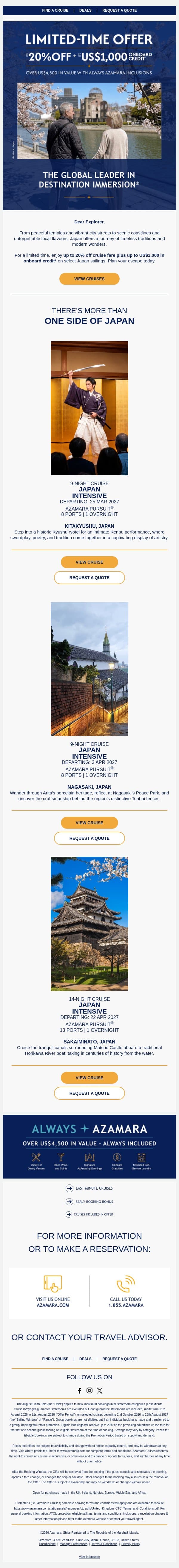 New Offer: Up to 20% Off Japan Cruises email from Azamara screenshot