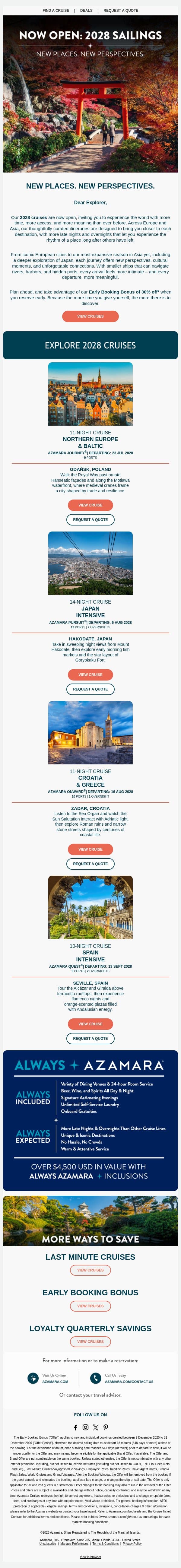 Now Open: NEW 2028 Cruises email from Azamara screenshot