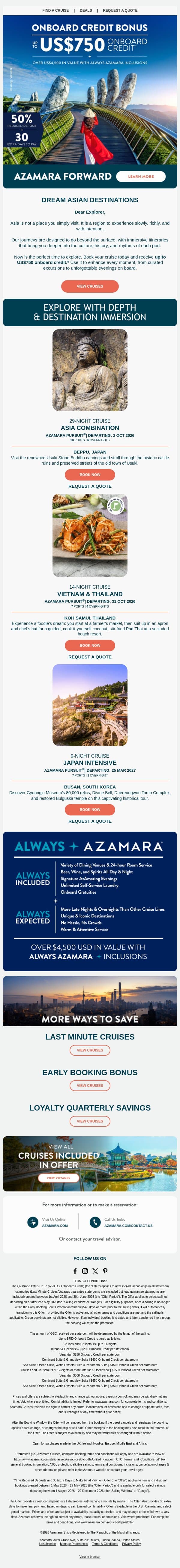 The Art of Staying Longer in Asia email from Azamara screenshot