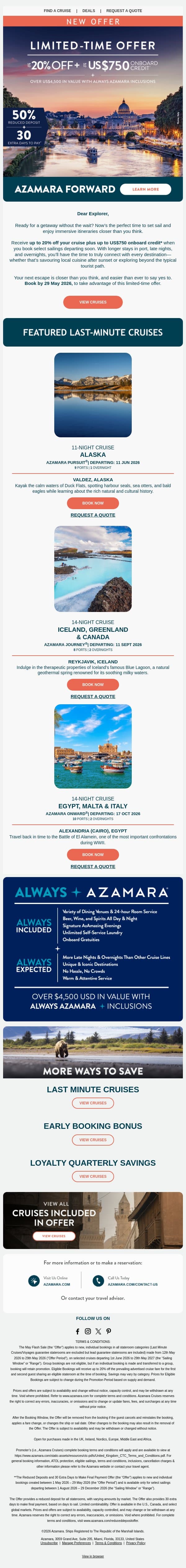 NEW OFFER: Up to 20% Off For A Limited-Time email from Azamara screenshot