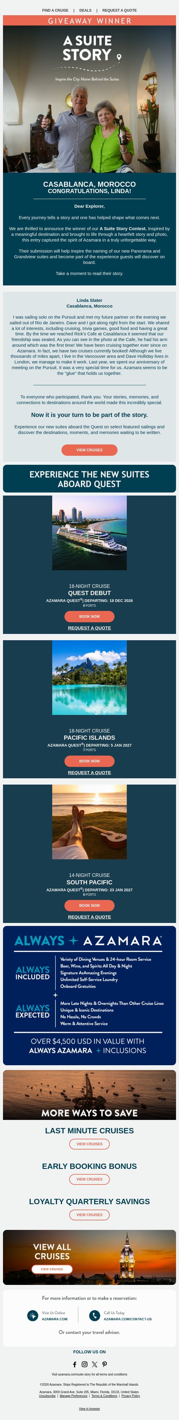 GIVEAWAY WINNER: From Your Stories to Our Suites email from Azamara screenshot