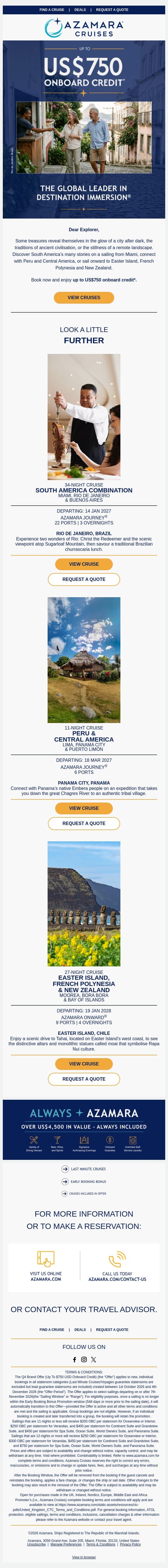 Where South America Reveals Its Wonders email from Azamara screenshot