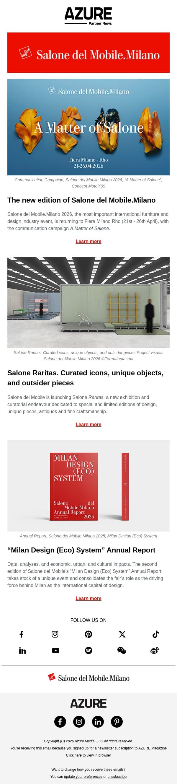 Salone del Mobile.Milano: 21st-26th April 2026 email from Azure screenshot
