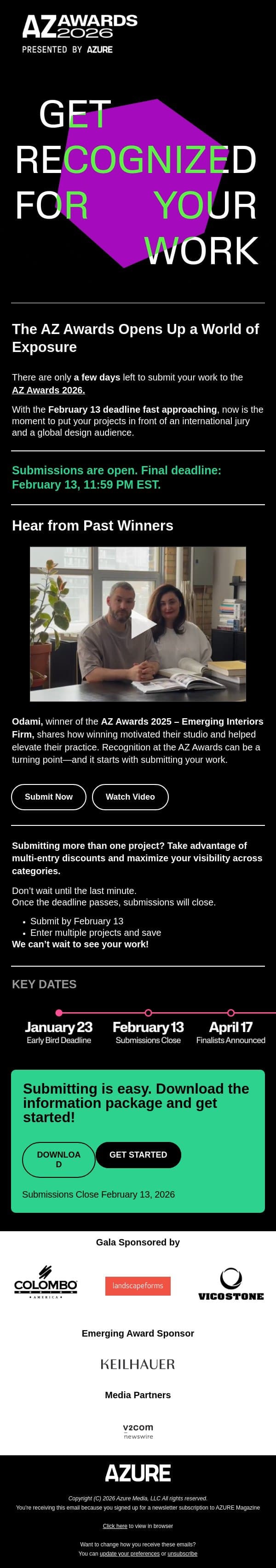 Final days to enter the AZ Awards 2026 ⏰ Deadline Feb 13 email from Azure screenshot