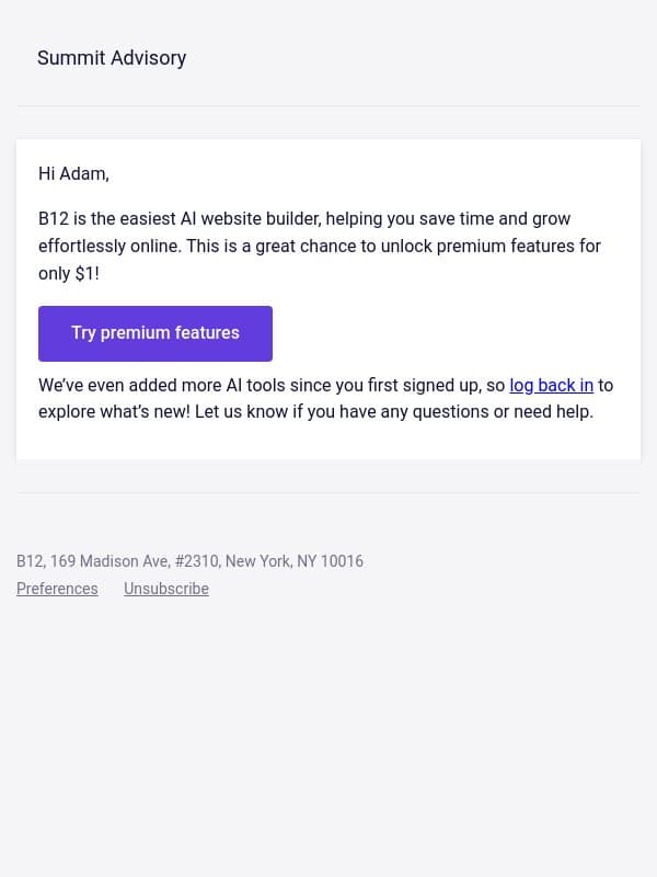 Still interested in a $1/month website? email from B12 screenshot
