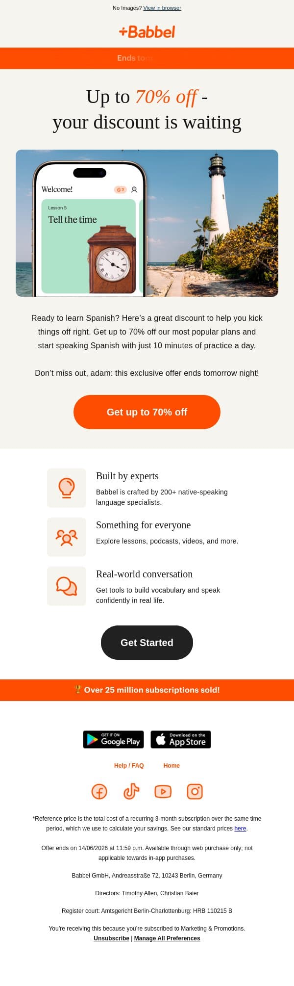 🧡 Up to 70% off? 🧡 ¡Sí, por favor! email from Babbel screenshot