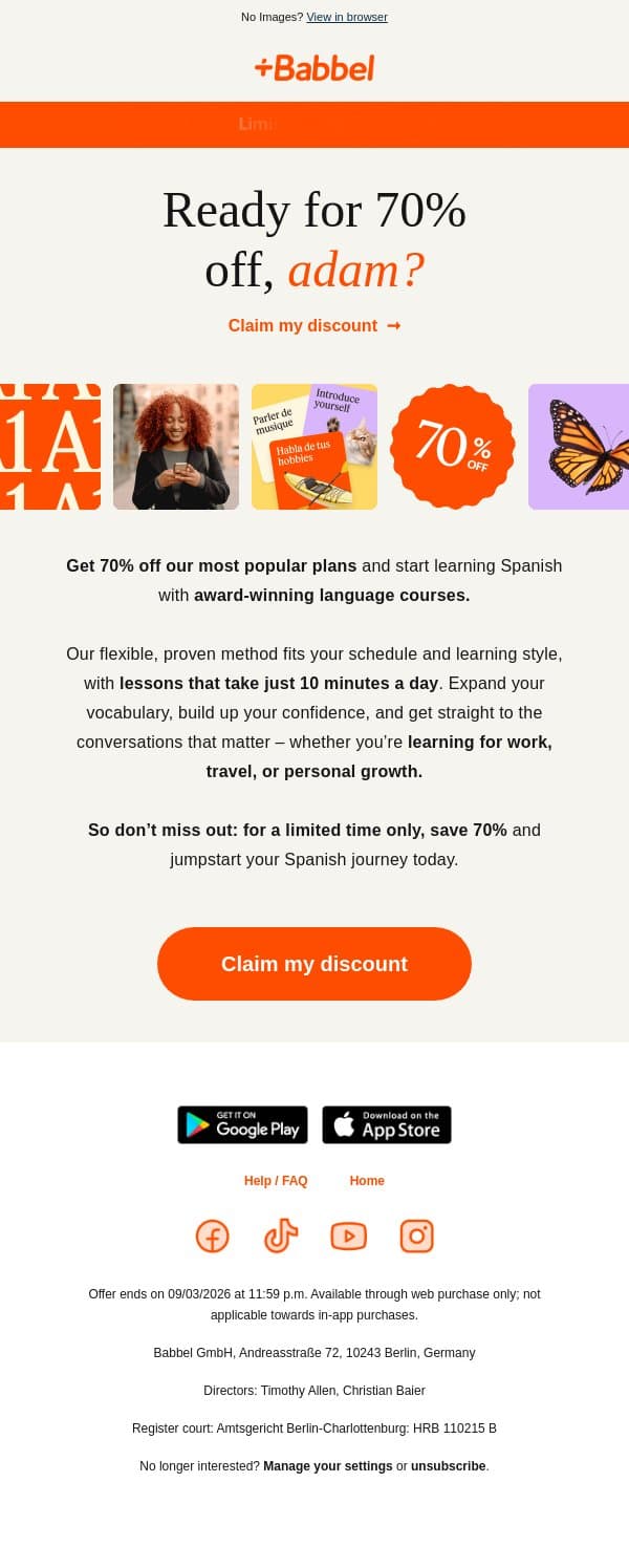✨ Learn Spanish your way: Get 70% off Babbel email from Babbel screenshot