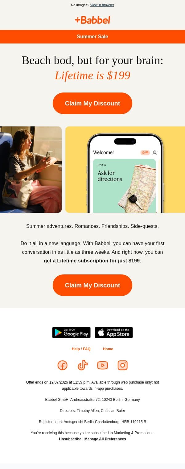 😎 $199 Lifetime: Unlock summer adventure email from Babbel screenshot