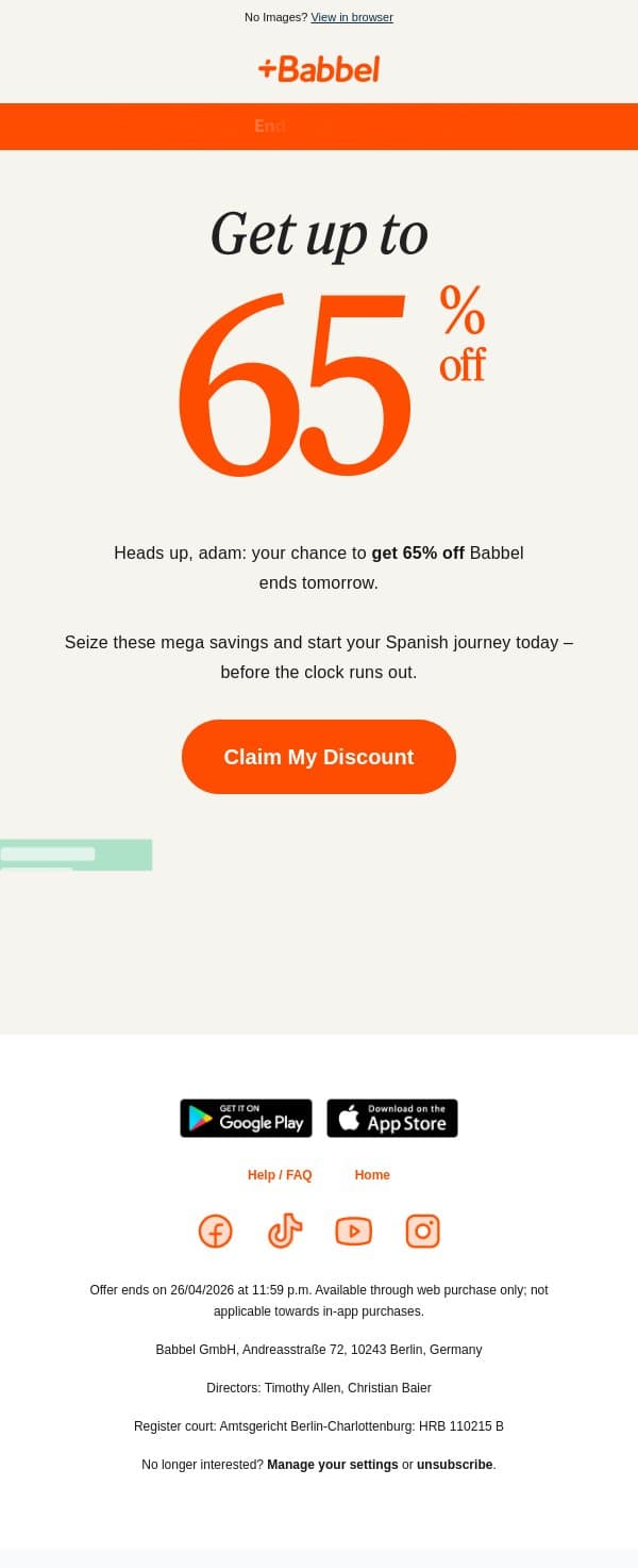 🔔 Ends tomorrow: 65% off Babbel email from Babbel screenshot